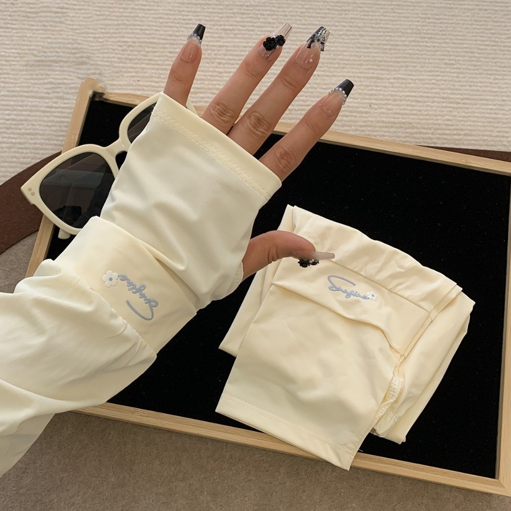 Cycling Glove - 花柄刺繍入りロングアイスシルクスリーブアームプロテクター、伸縮性のある日焼け止めアームカバー、薄手でゆったりとしたサイクリンググローブ、アウトドア用