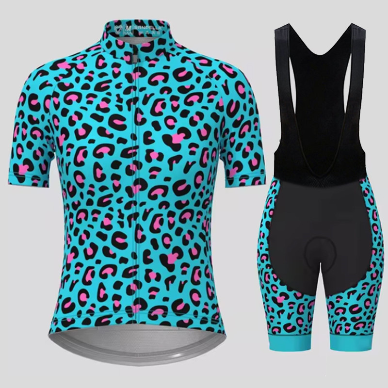 Cycling Gear Leaderboard - メンズ通気性サイクリングスーツセット、ブルーヒョウ柄、速乾性、半袖、夏、新品、2022